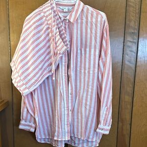 Womens Striped Button-Up Shirt and short set. - Pink & White